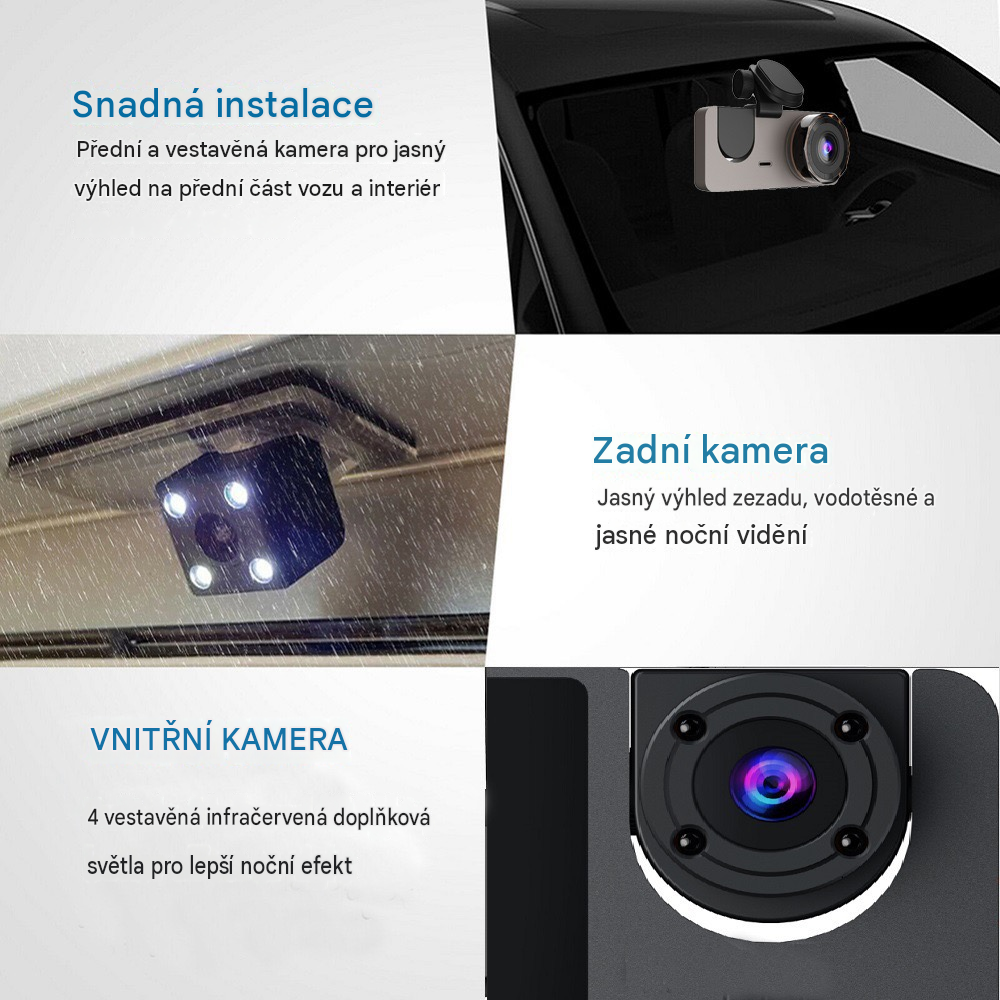 🚗 Tříkanálová autokamera s Wi-Fi a širokoúhlým záznamem