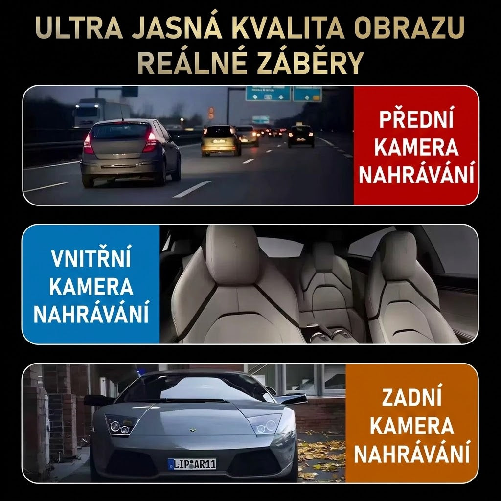 🚗 Tříkanálová autokamera s Wi-Fi a širokoúhlým záznamem