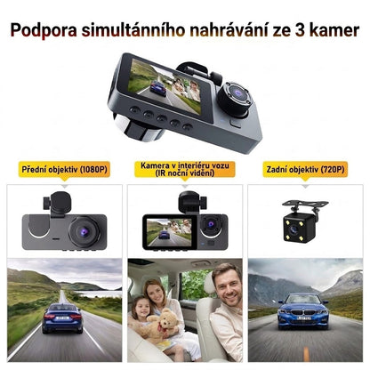 🚗 Tříkanálová autokamera s Wi-Fi a širokoúhlým záznamem