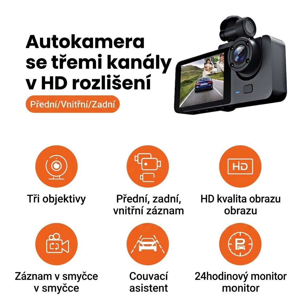 🚗 Tříkanálová autokamera s Wi-Fi a širokoúhlým záznamem